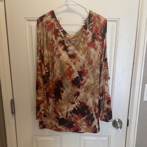 white birch Abstract Tie-Dye V-Neck Long Sleeve Tunic in Beige, Red and Black
